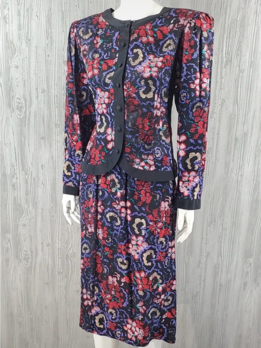 Vintage Maggy London Black Midi Silk Skirt Suit.